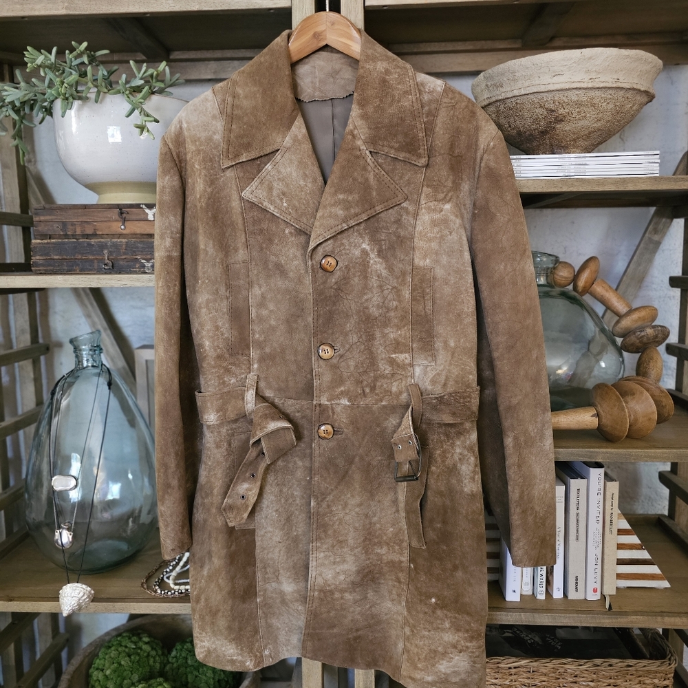 Vintage 70s Handmade Buckskin Suede Trench Coat Natural Undyed Leather Unisex - Picture 8 of 8